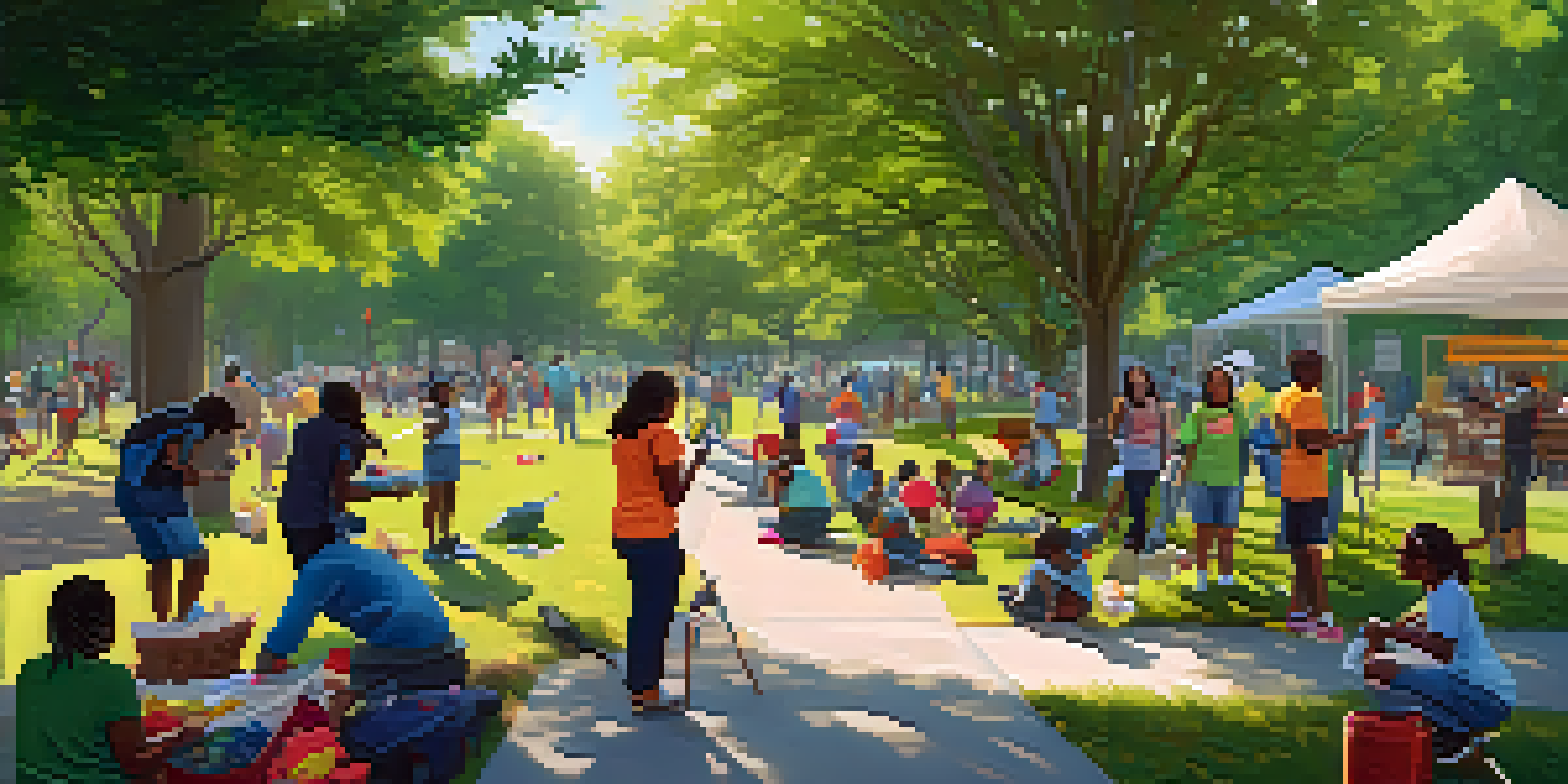 A busy community park in Atlanta where volunteers of various ages are engaged in a clean-up event, with green trees and colorful flowers around them.