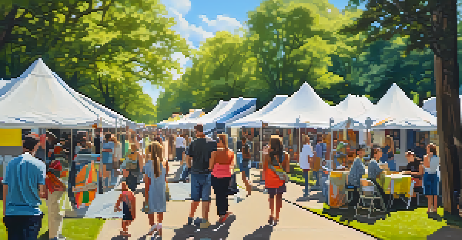 An outdoor art festival in a park, featuring artists with their work and families enjoying the vibrant atmosphere.