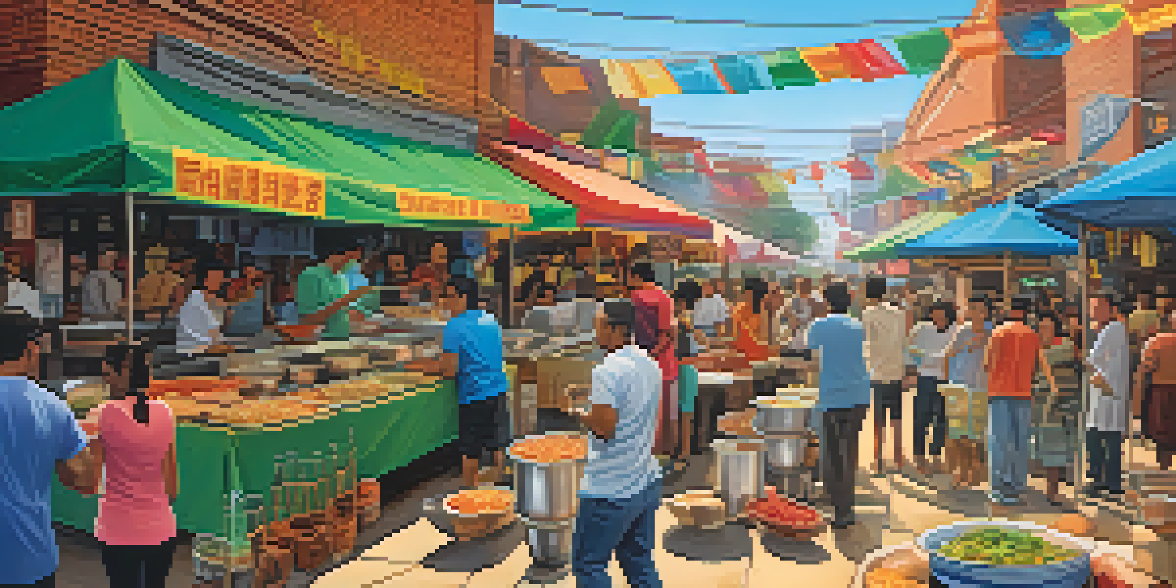A lively Atlanta street scene with food stalls offering diverse international cuisines, including Mexican tacos, Indian curry, and Vietnamese pho, with people enjoying their meals.