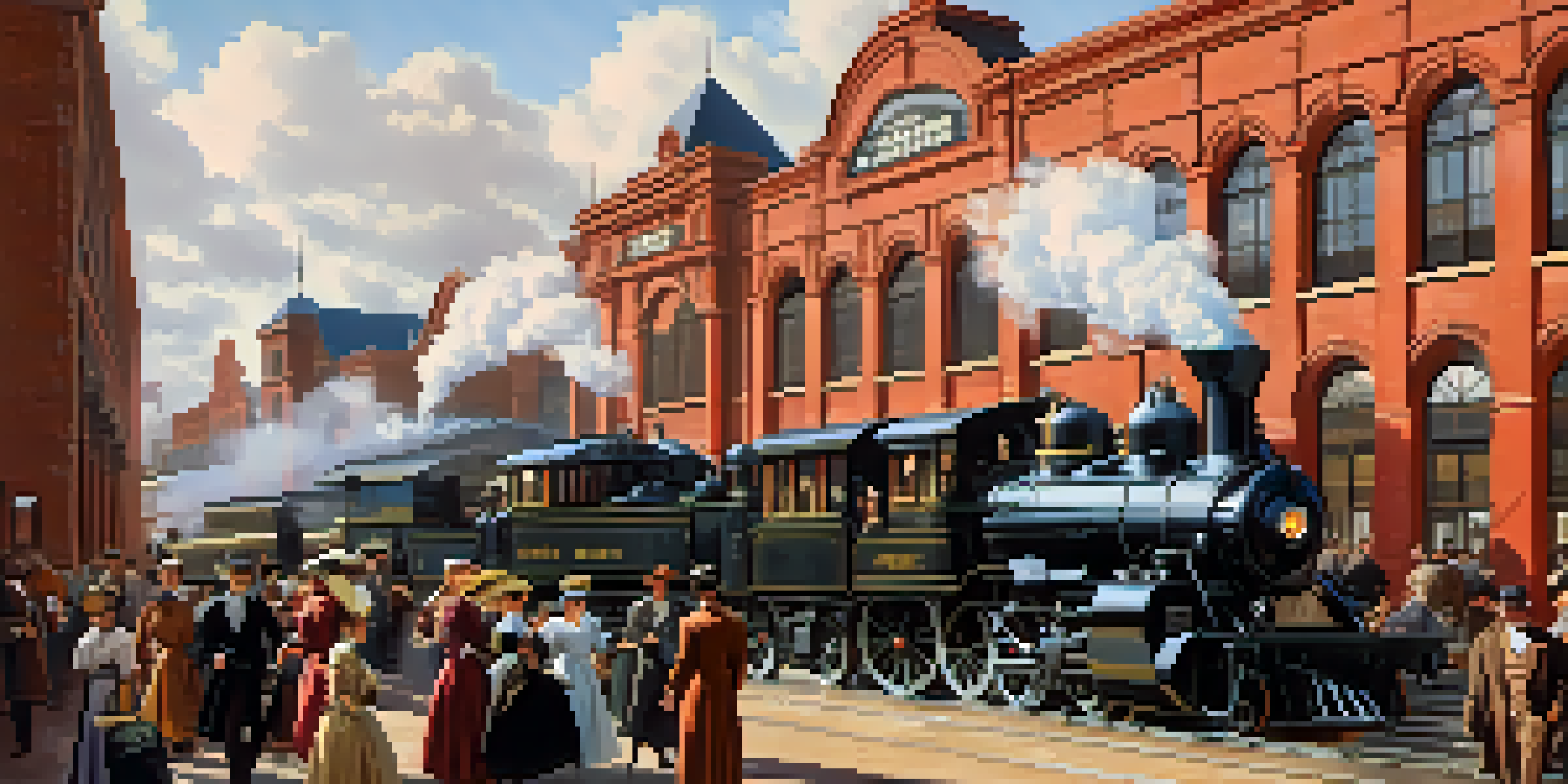 A historical view of a busy railroad station in Atlanta during the 19th century, with steam locomotives and passengers in period clothing.