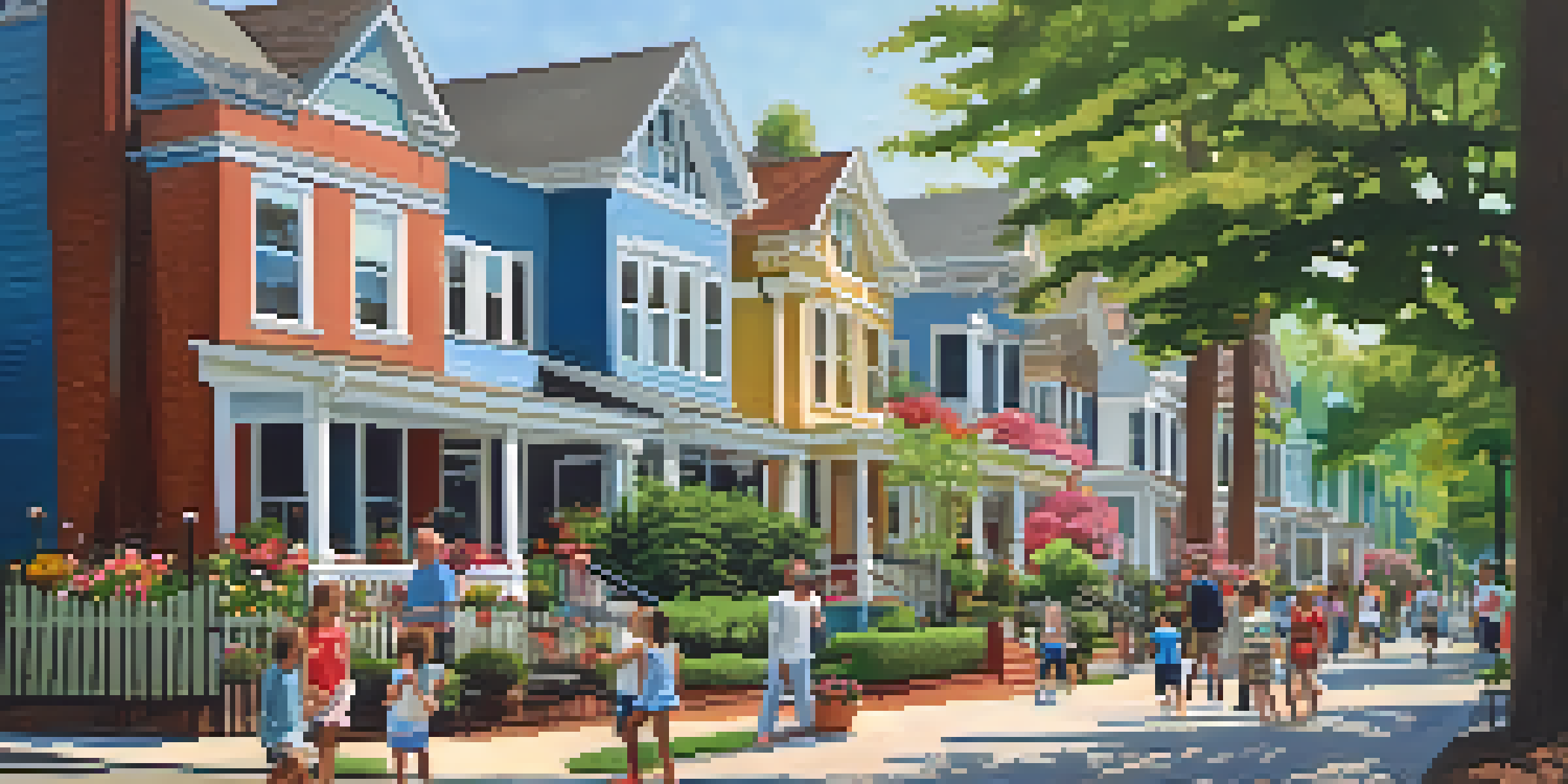 A lively neighborhood scene in Kirkwood, Atlanta, showcasing Craftsman homes and a community gathering in a park.