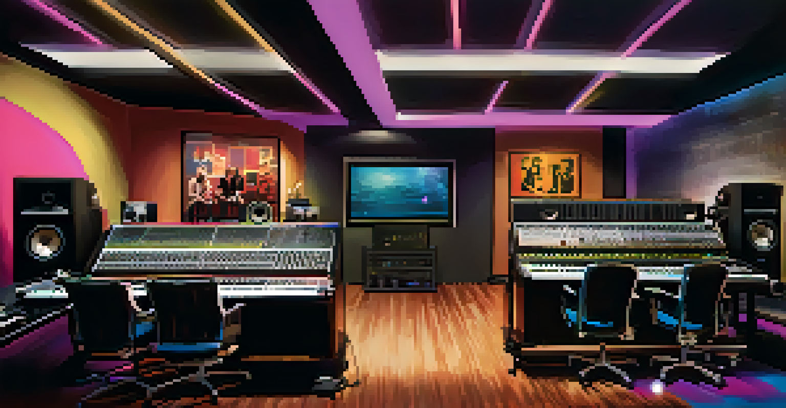 A modern recording studio in Atlanta with musicians collaborating around a mixing console, filled with musical instruments and high-tech equipment.