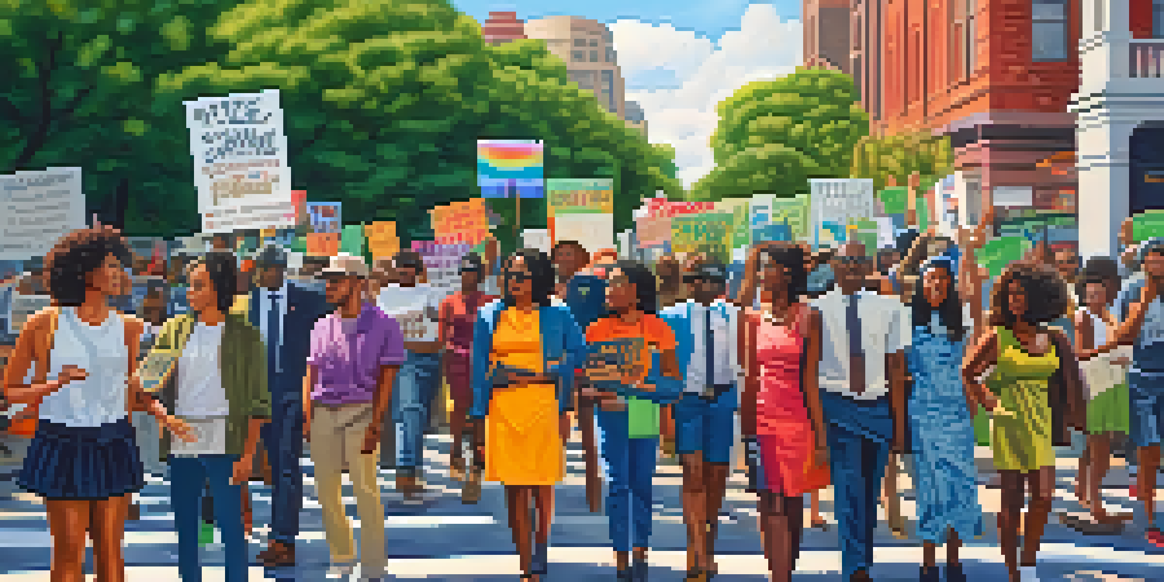 A diverse group of activists in Atlanta holding colorful signs during a peaceful protest, with historic buildings and greenery in the background.