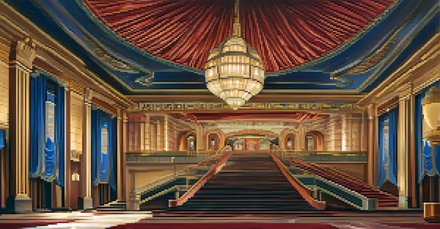 The grand lobby of the Fox Theatre, showcasing a staircase, velvet drapes, and beautiful murals.