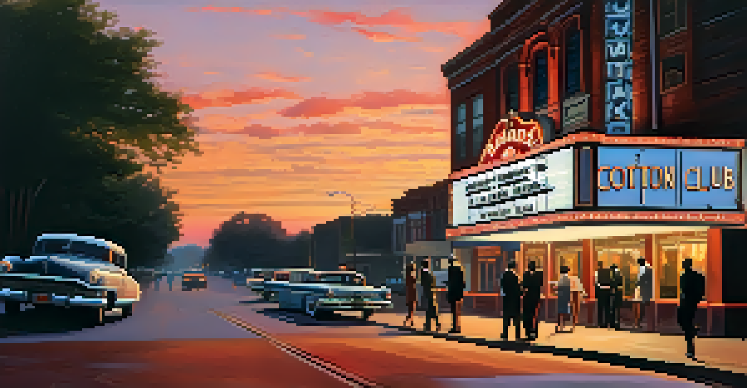 A view of the Historic Cotton Club in Atlanta at sunset with its vintage neon sign and people outside, showcasing nostalgic architecture.