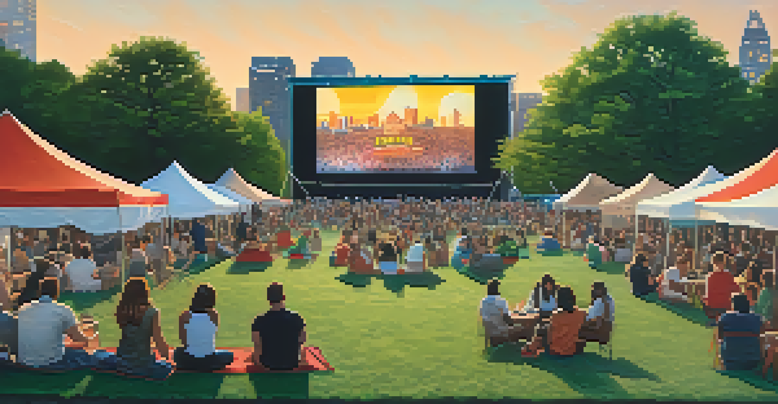 An outdoor film festival in Atlanta with a large screen, diverse audience, and city skyline in the background.