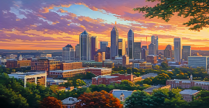 Aerial view of Atlanta's skyline during sunset with vibrant colors and lush greenery in the foreground.