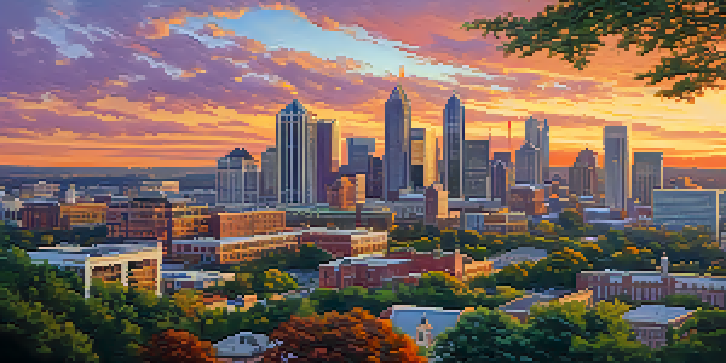 Aerial view of Atlanta's skyline during sunset with vibrant colors and lush greenery in the foreground.
