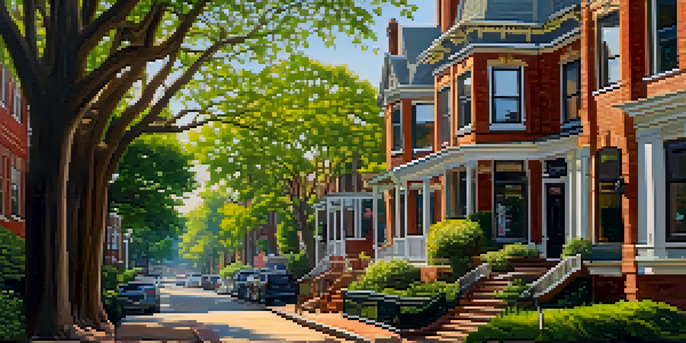 A sunny street in Inman Park with historic Victorian and Arts and Crafts houses, surrounded by lush trees and blooming gardens, with people walking.