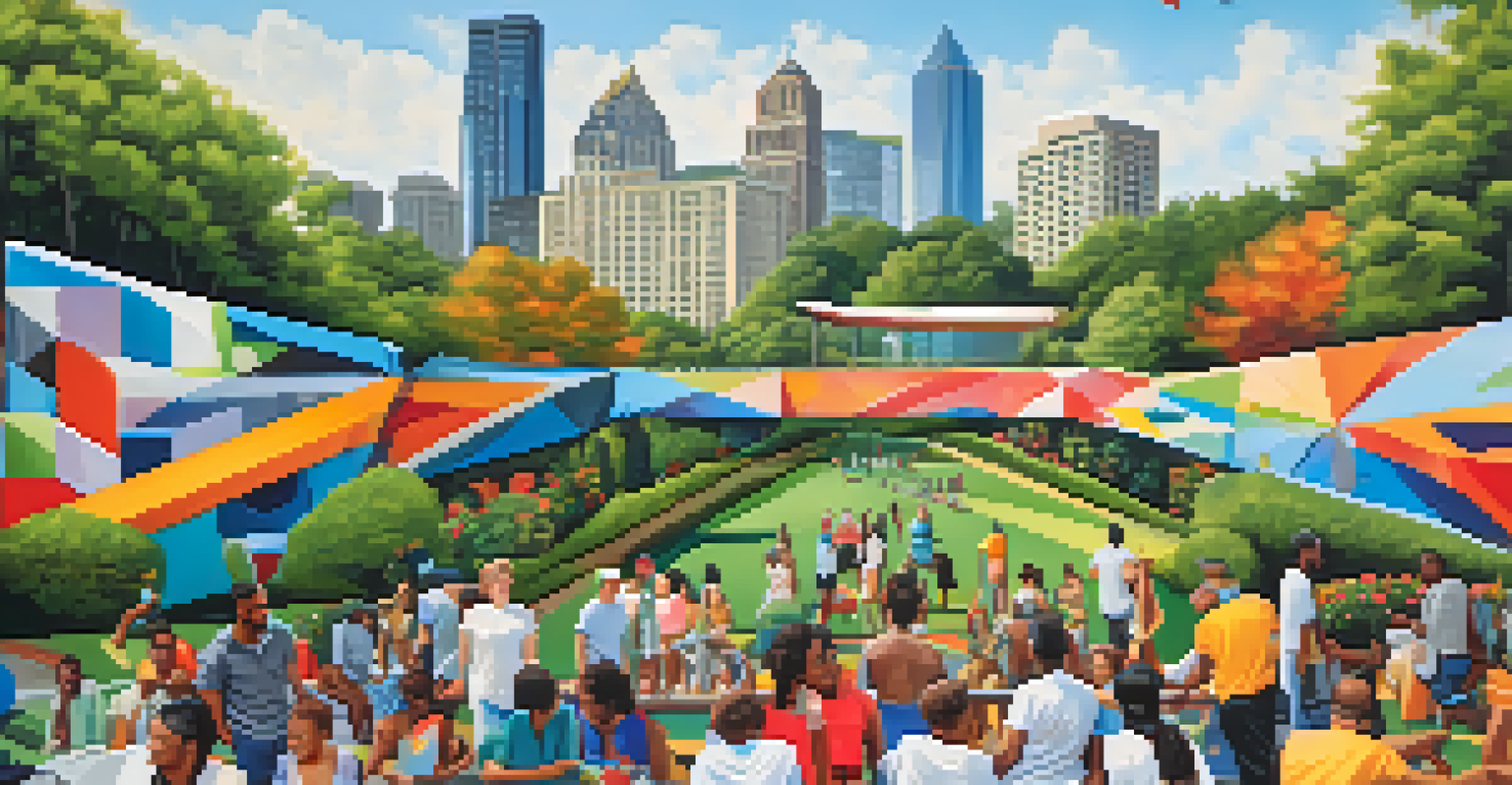 A colorful mural in Piedmont Park, illustrating Atlanta's culture with bright geometric designs, surrounded by trees and people enjoying the park.