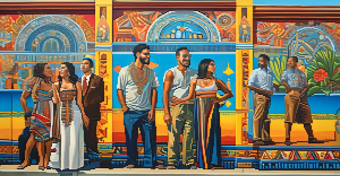 A colorful mural representing Latino culture in Atlanta, featuring traditional motifs and modern elements under a blue sky.