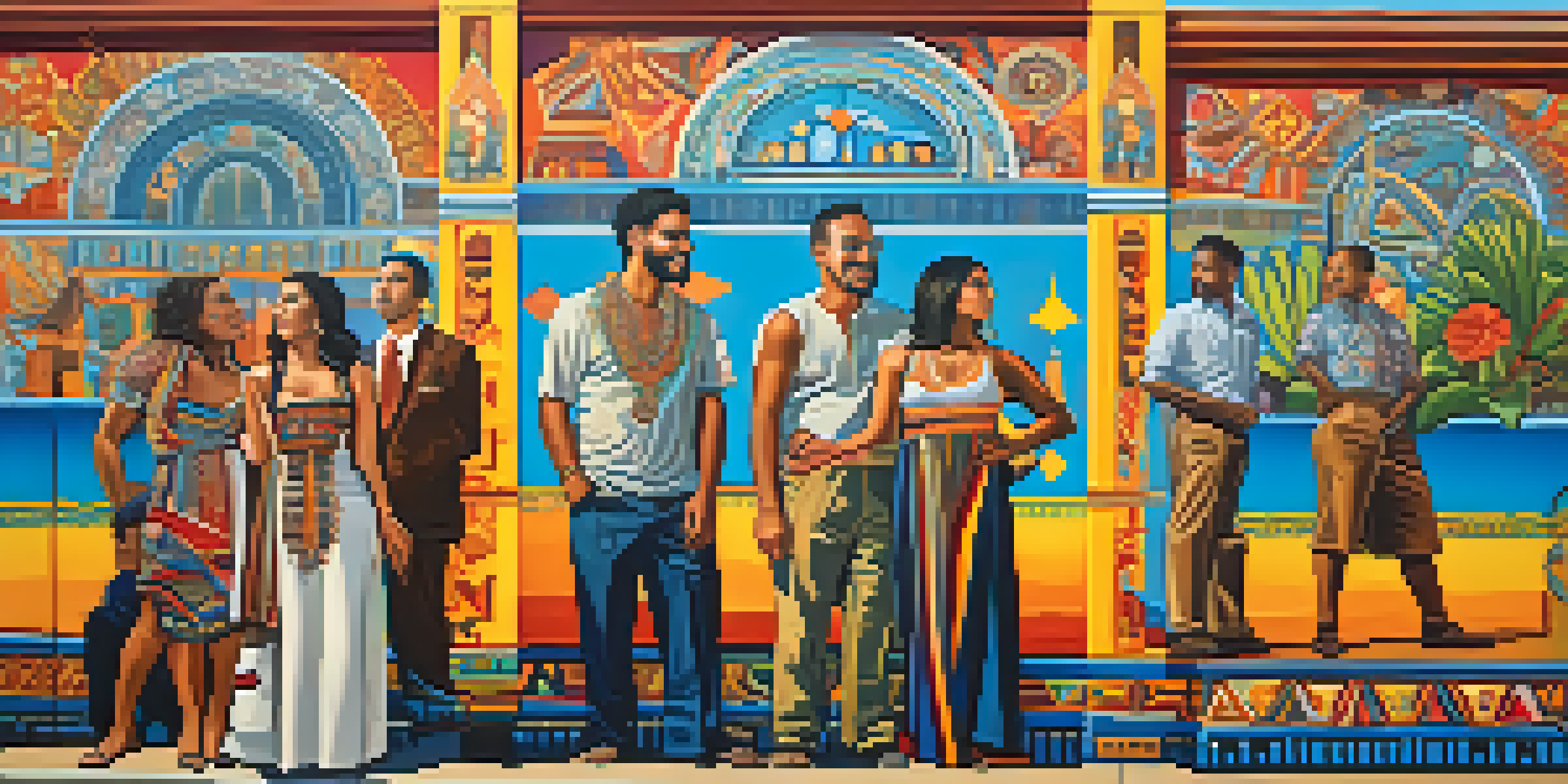 A colorful mural representing Latino culture in Atlanta, featuring traditional motifs and modern elements under a blue sky.