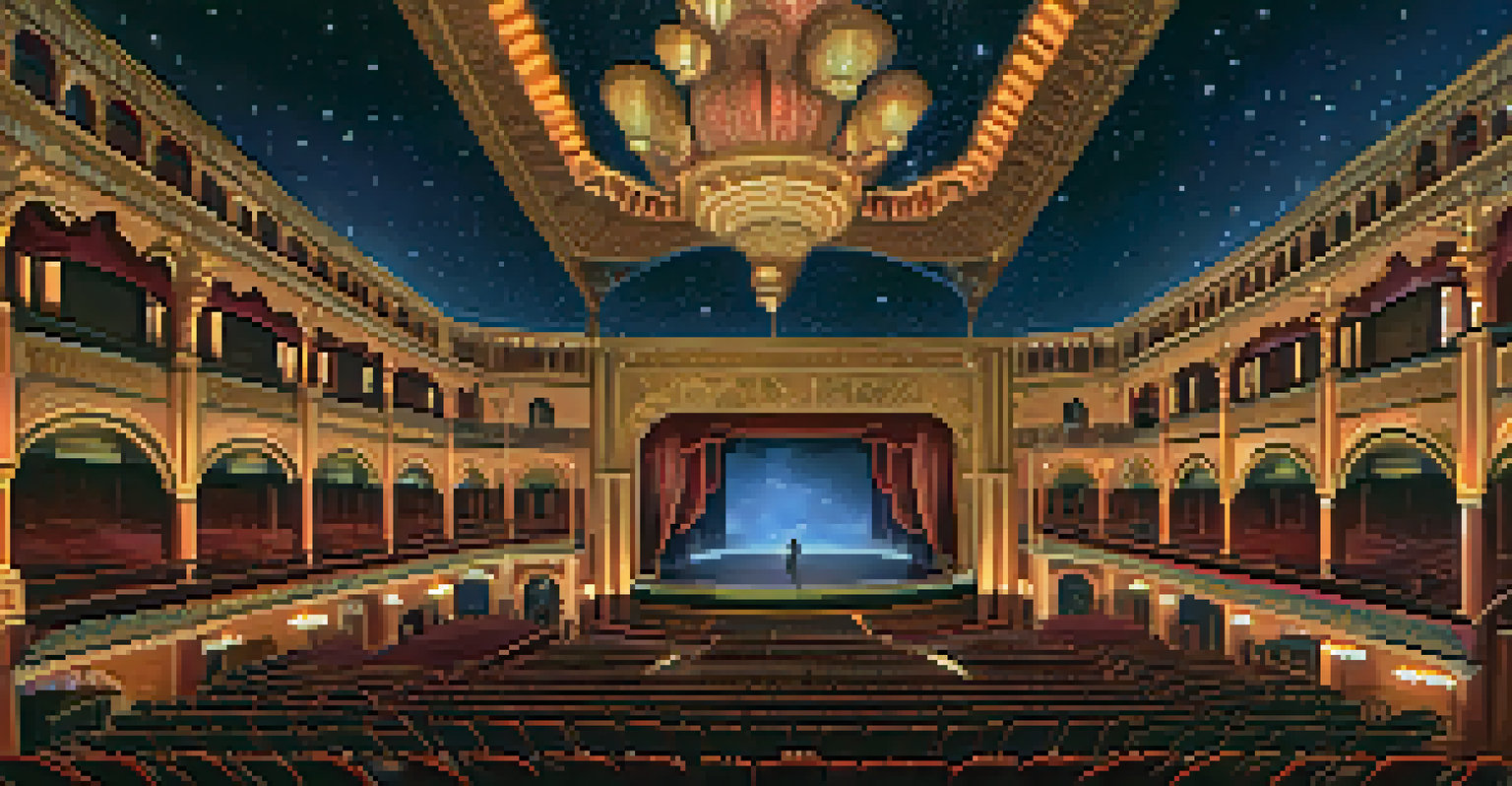 Interior view of the Fox Theatre featuring Moorish architecture and a starry sky ceiling with audience members entering.