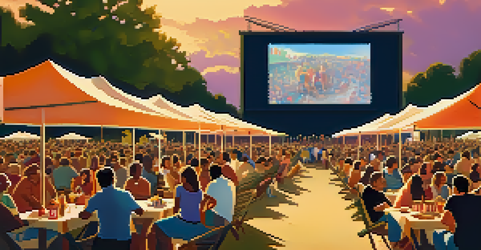 An outdoor film festival in Atlanta with a large screen and an engaged audience enjoying the movie.