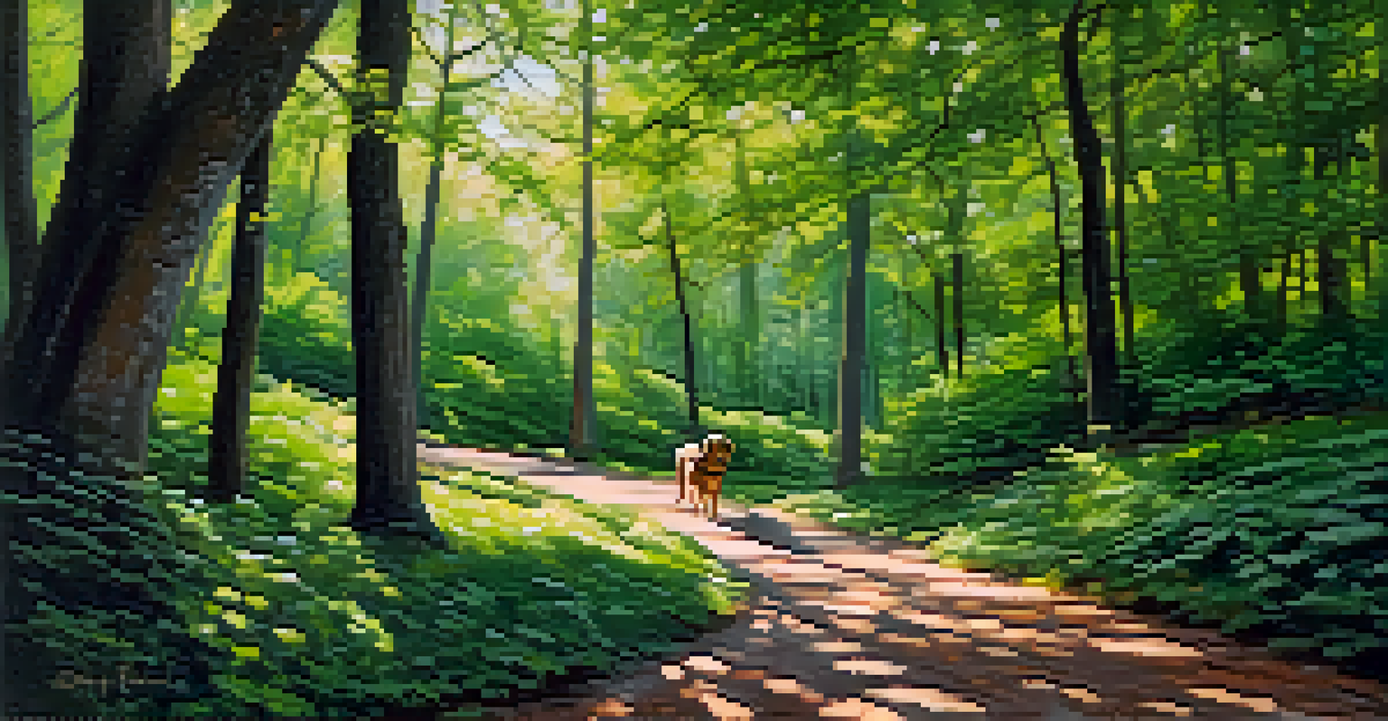 A scenic walking trail in Chastain Park with a dog and owner enjoying nature.