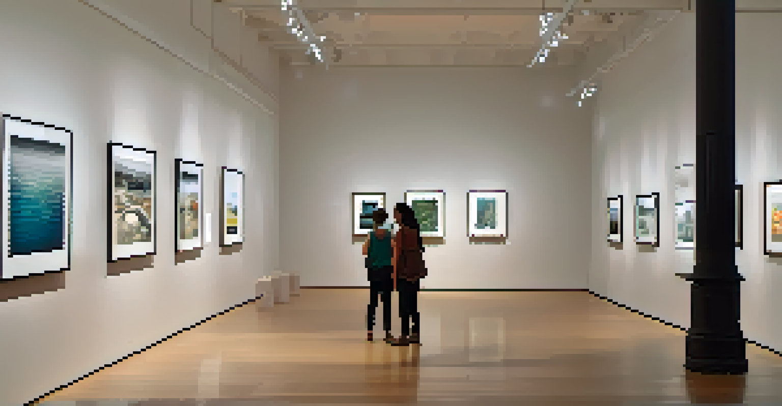 An art gallery exhibition featuring digital art installations under focused lighting, with visitors interacting with the artworks.