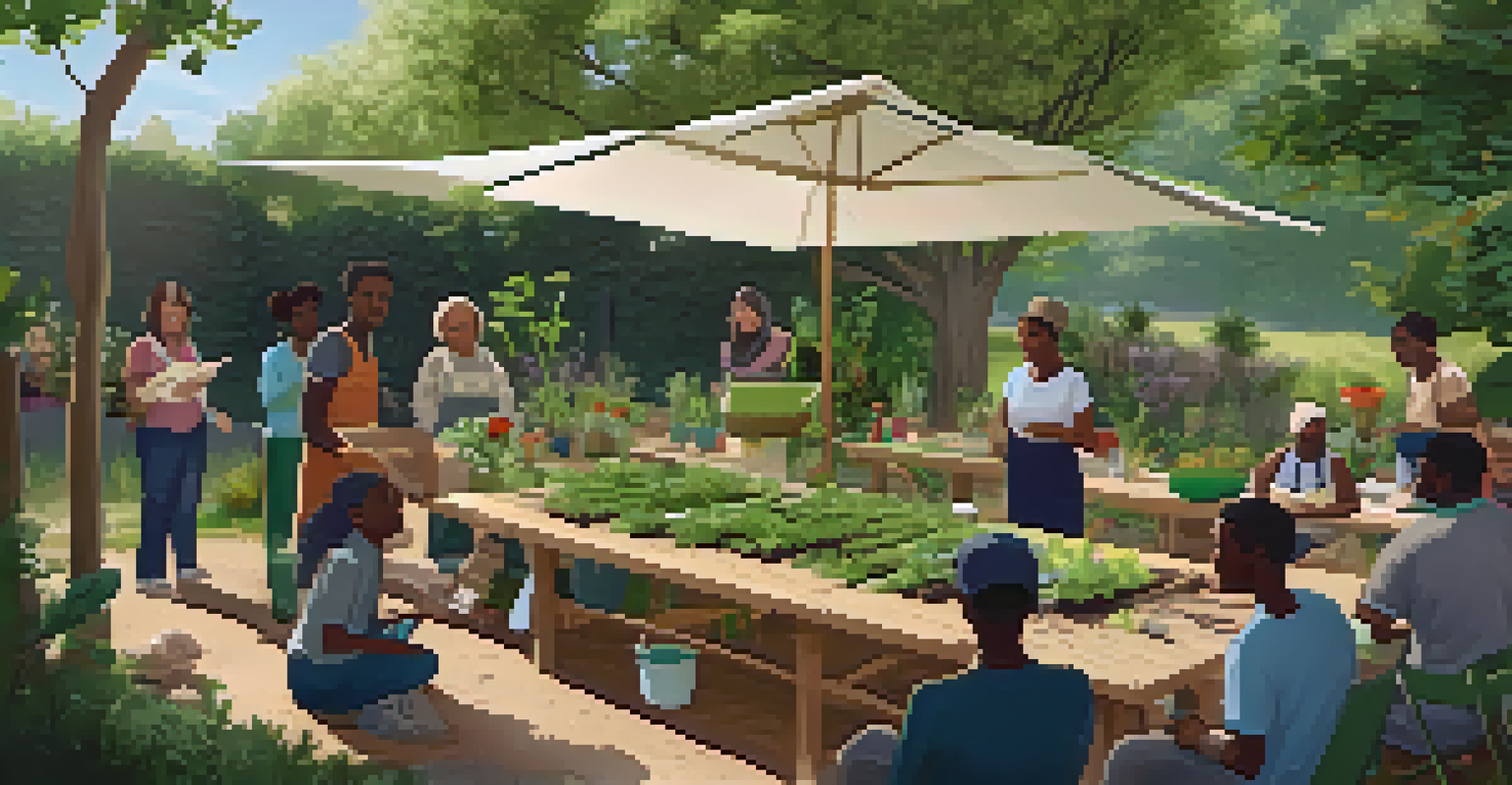 An outdoor educational workshop on sustainable gardening with residents gathered around a table, listening to a facilitator demonstrating composting.