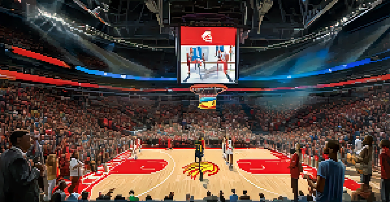 Young basketball player in action during a game at State Farm Arena, with cheering fans and colorful lights in the background.