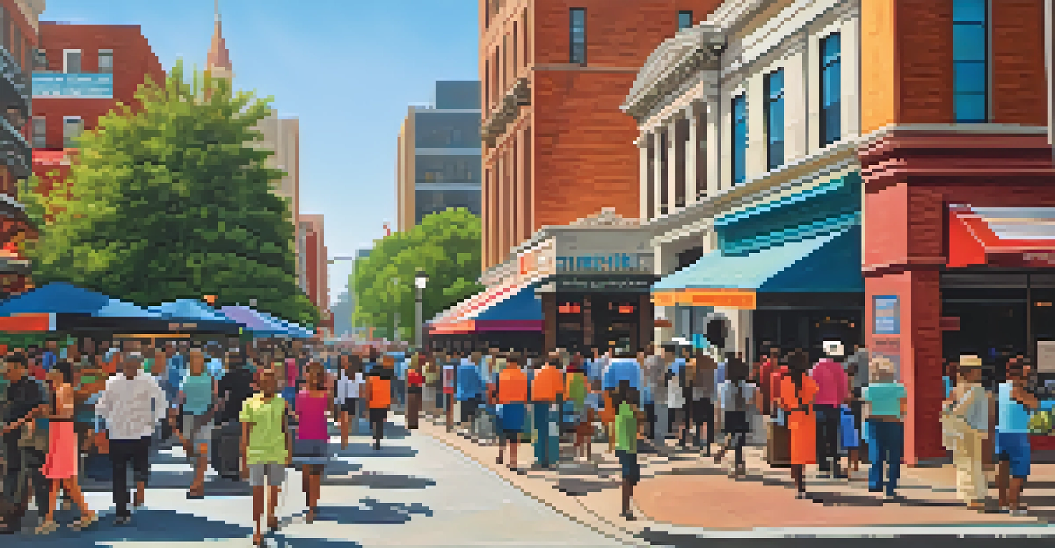 Vibrant street scene in downtown Atlanta with a diverse crowd and colorful storefronts.