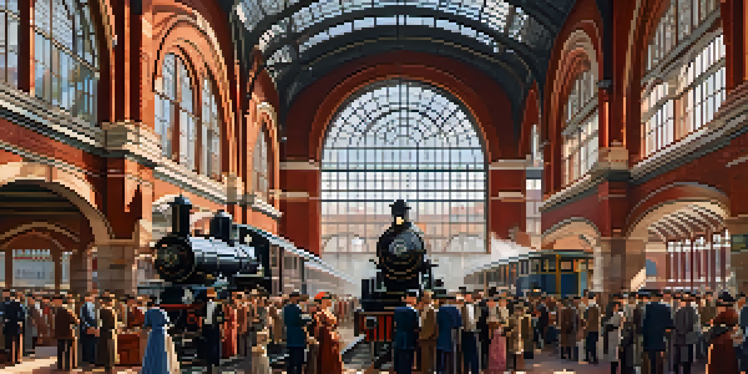 A historic train station in 19th century Atlanta with passengers and a steam locomotive.