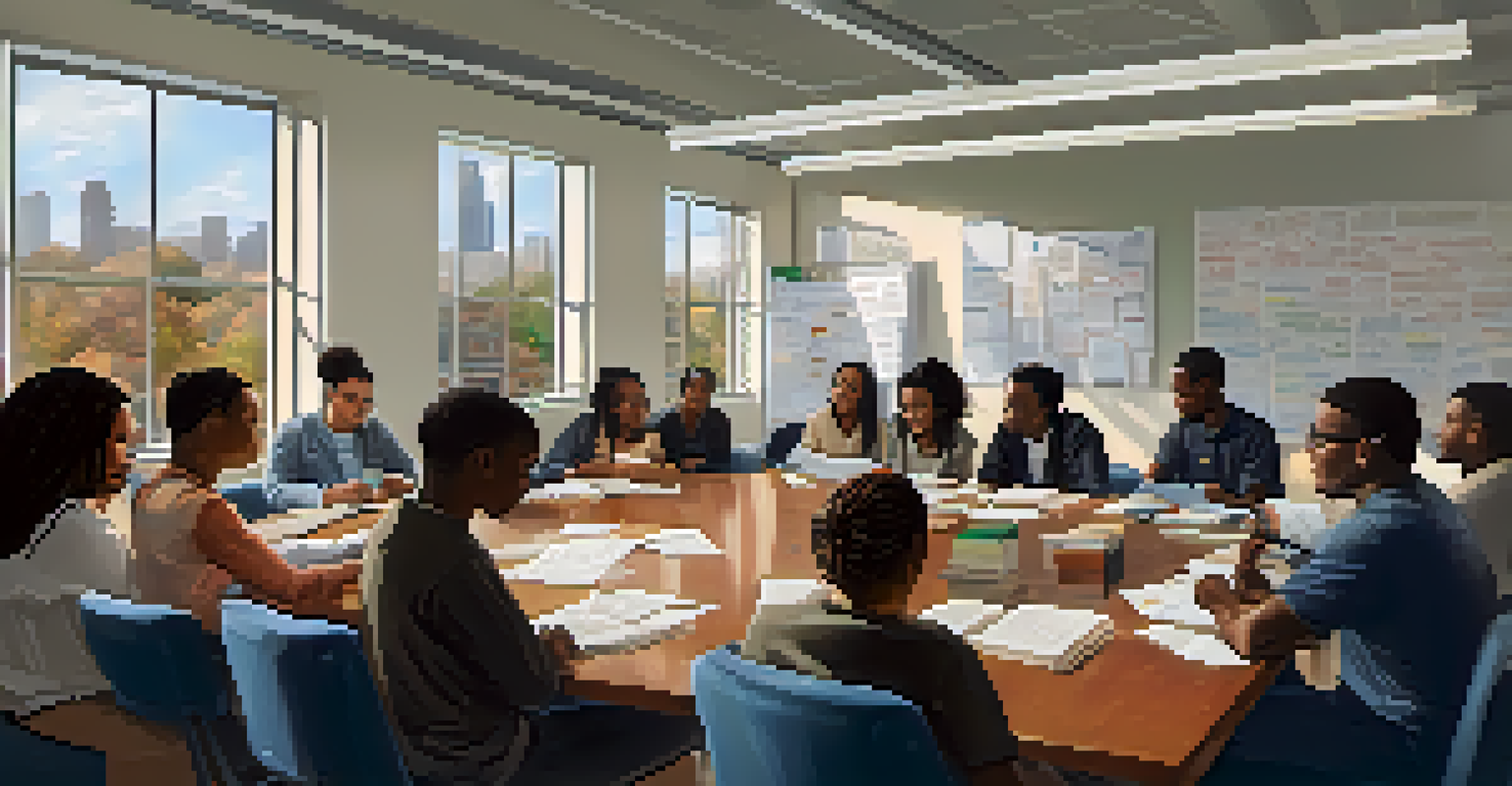 A group of diverse students discussing governance and civic responsibility inside a political institution in Atlanta, surrounded by books and natural light.