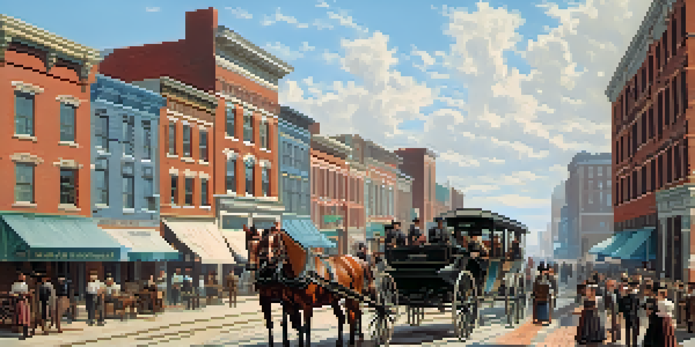 A historical depiction of a busy street in Atlanta during the 19th century, featuring horse-drawn carriages and pedestrians in period clothing.