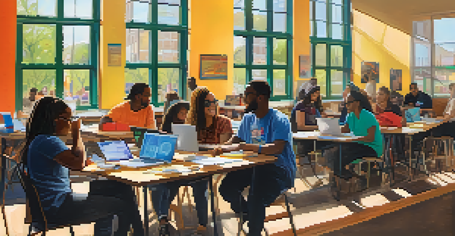 Students and community members collaborating on social innovation projects in a bright, open space.