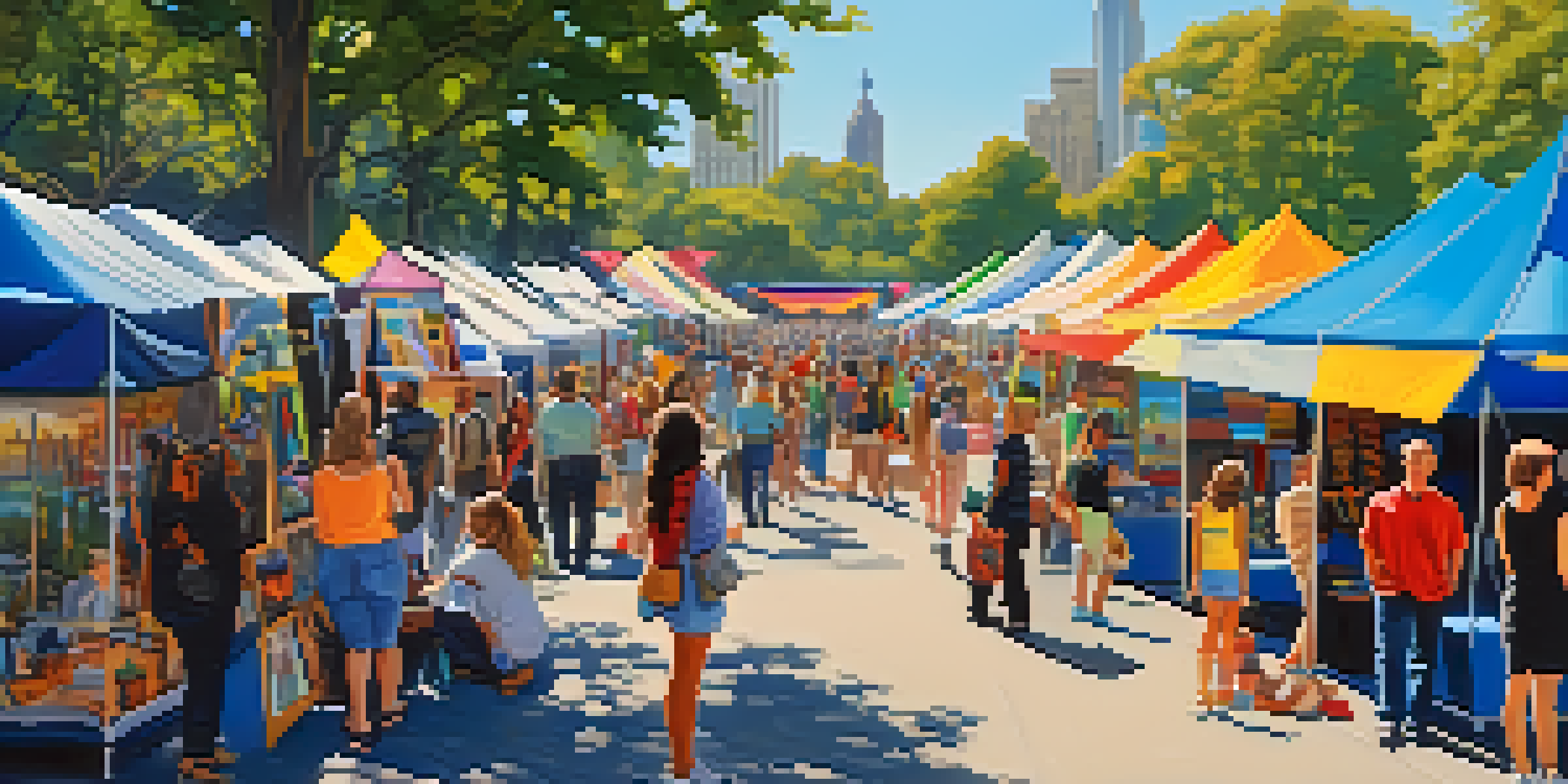 An outdoor art fair in Atlanta with colorful tents and diverse artists showcasing their handmade crafts amid a sunny park setting.