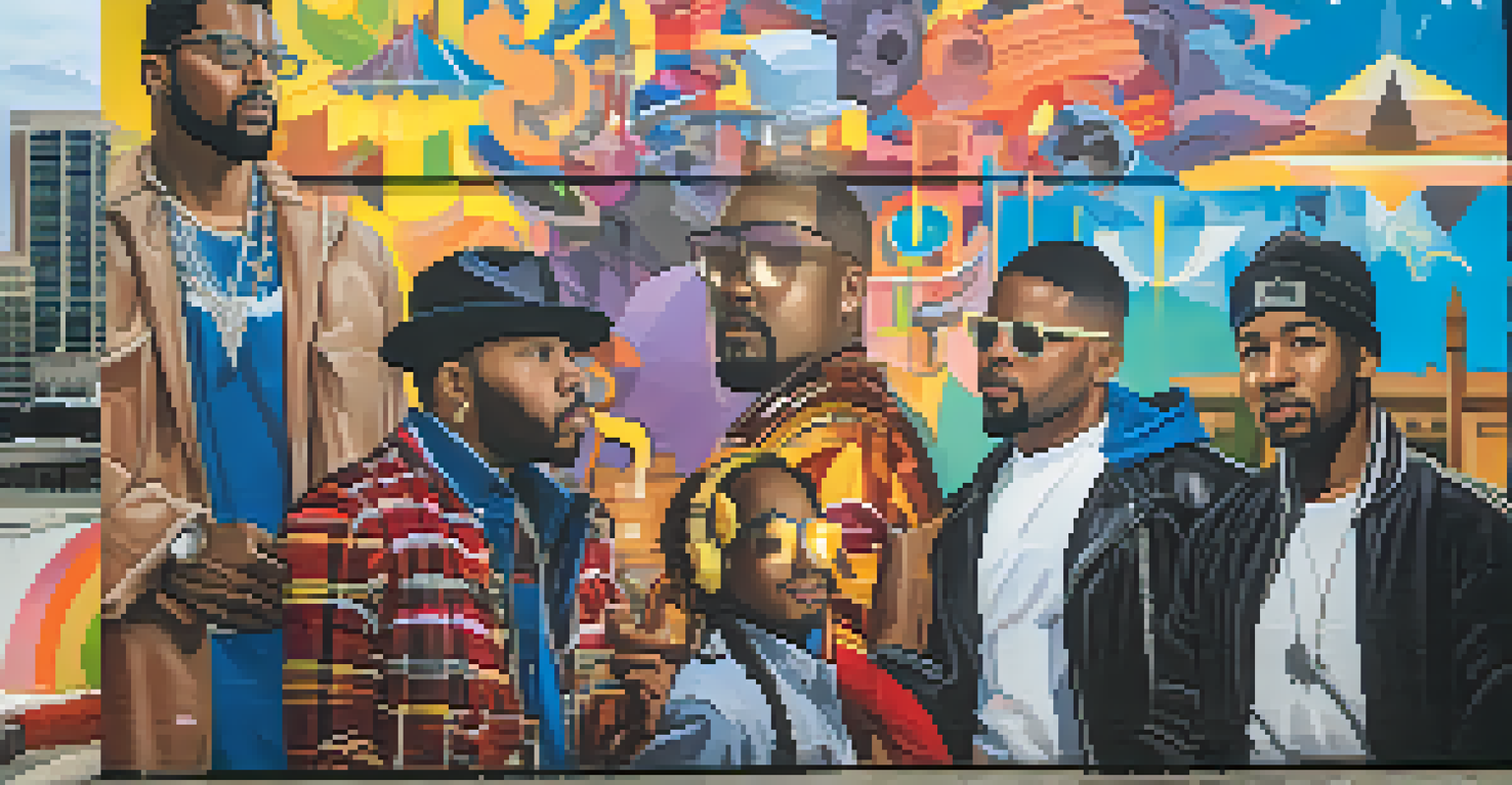 A colorful mural in Atlanta featuring iconic artists and musical symbols, with people admiring the art.