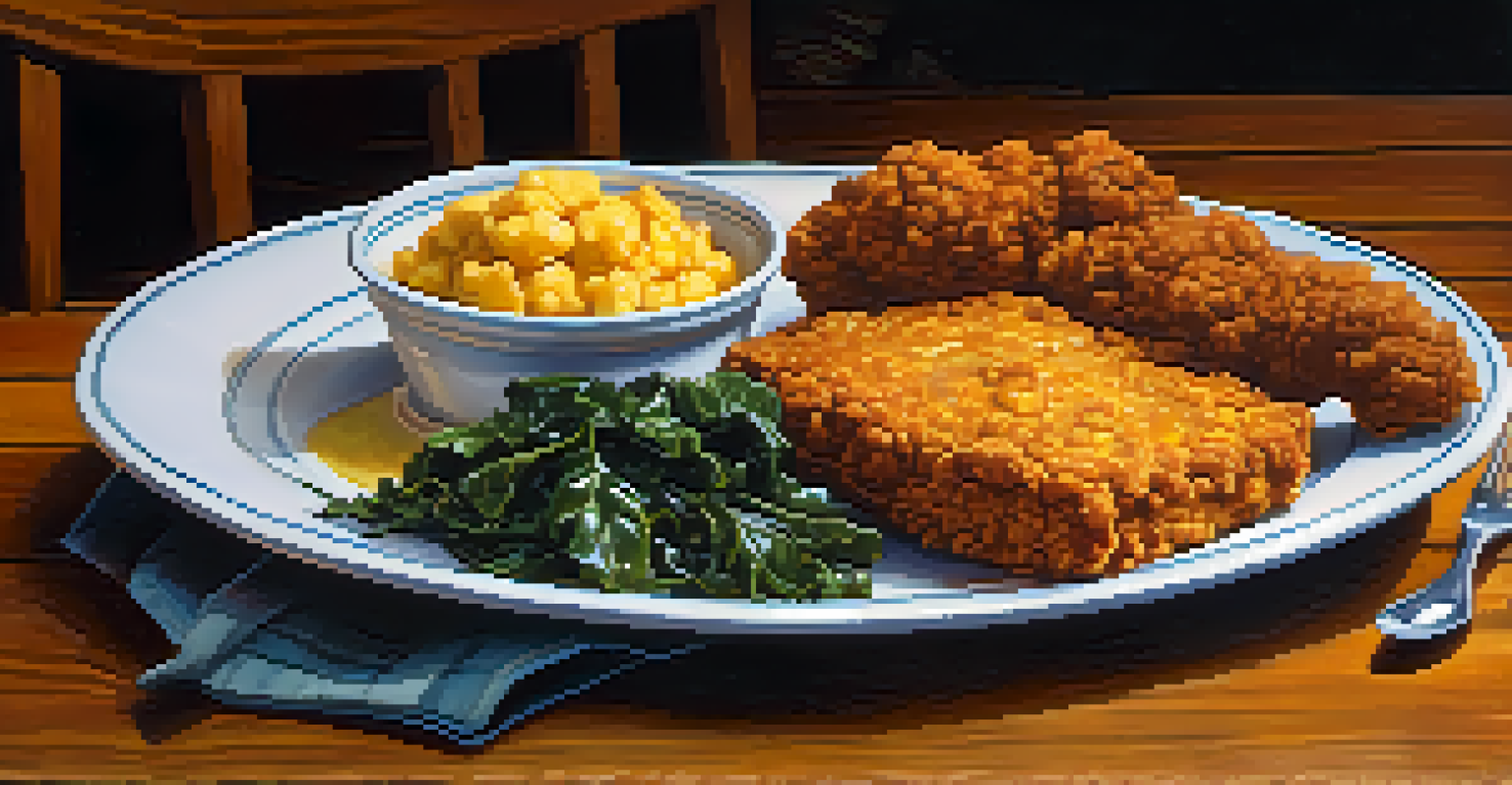 A close-up view of a plate of Southern soul food featuring fried chicken, collard greens, and cornbread, presented on a rustic wooden table with warm natural lighting.