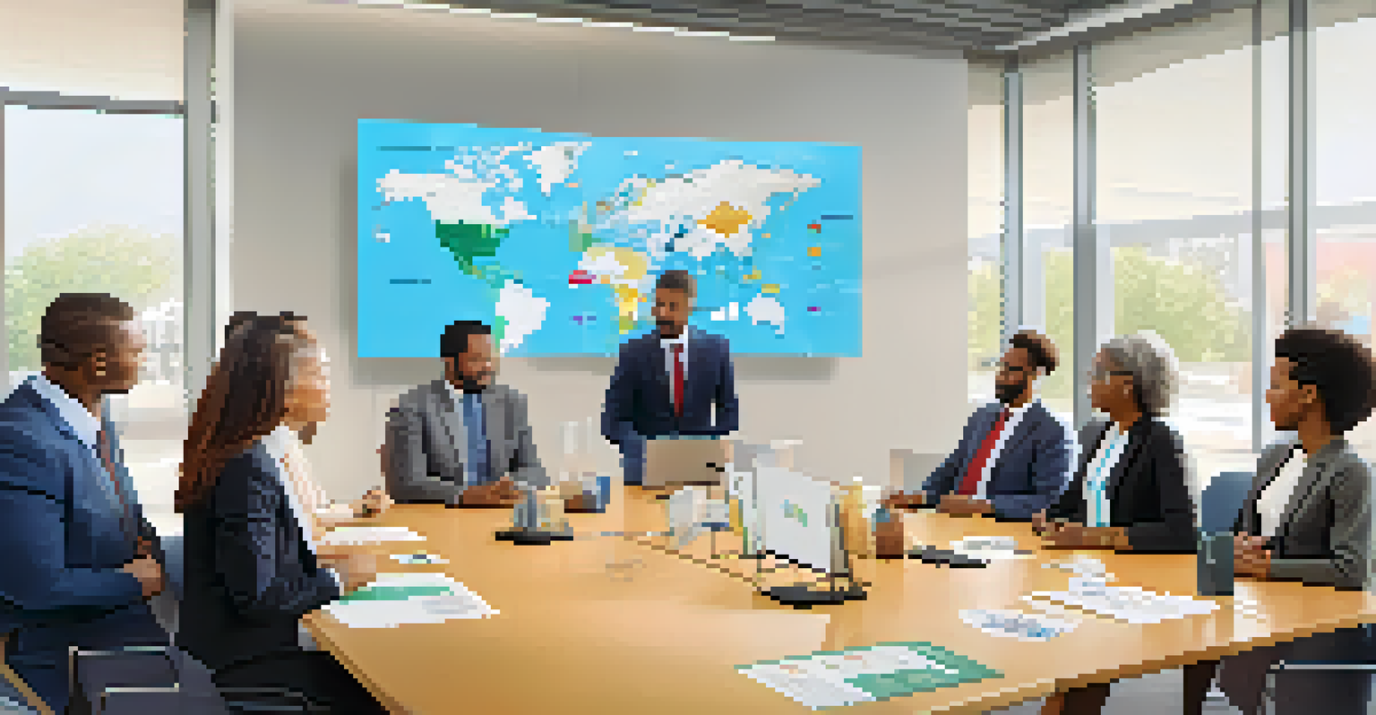 University representatives and community leaders collaborating in a modern conference room, discussing community project plans.