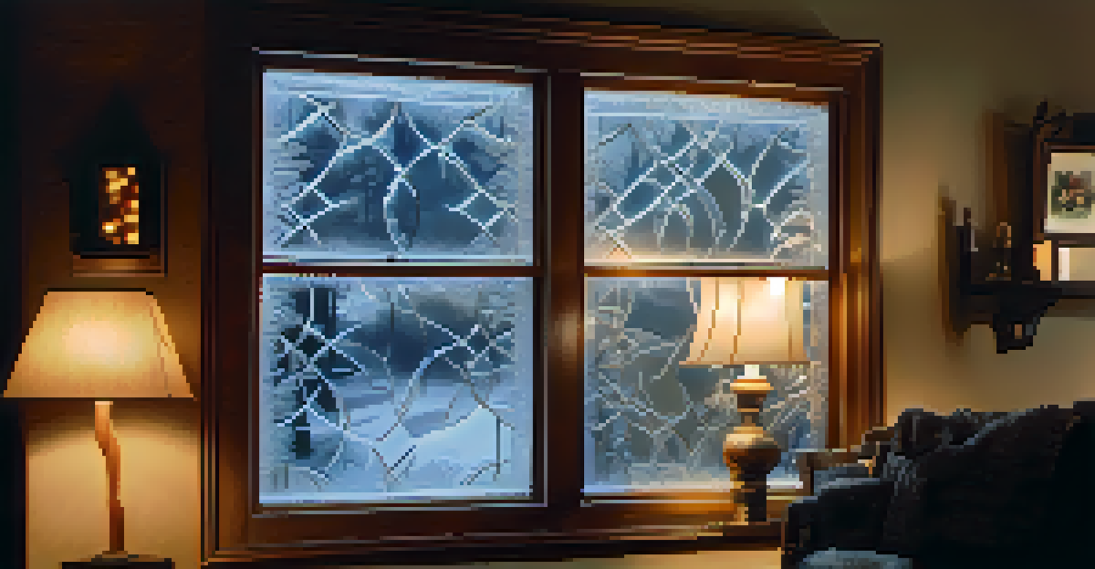 A close-up of a frosted window with intricate ice patterns and warm lights inside.