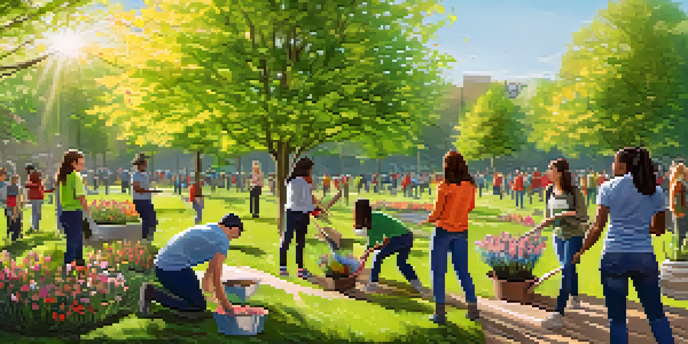 University students of diverse backgrounds volunteering together in a park, planting trees and flowers under bright sunlight.