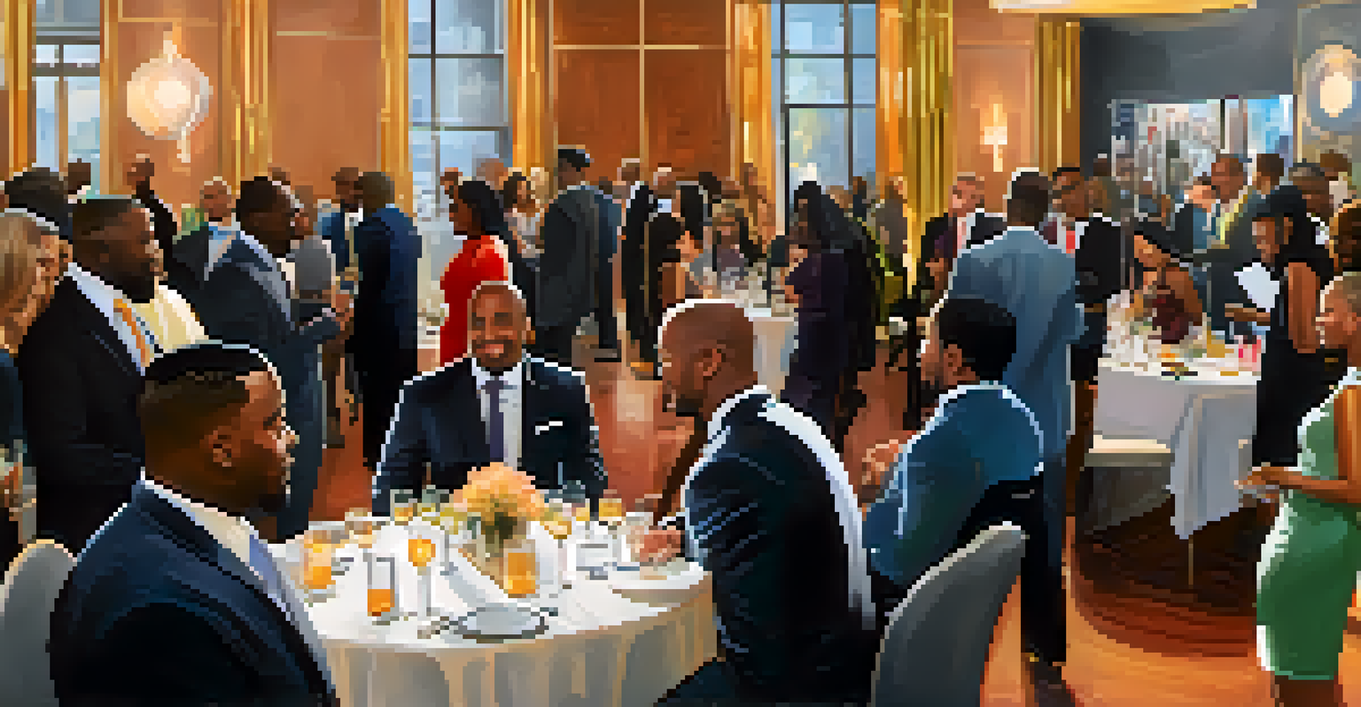 A networking event in Atlanta with a diverse group of entrepreneurs and investors engaging in discussions in an elegantly decorated venue.