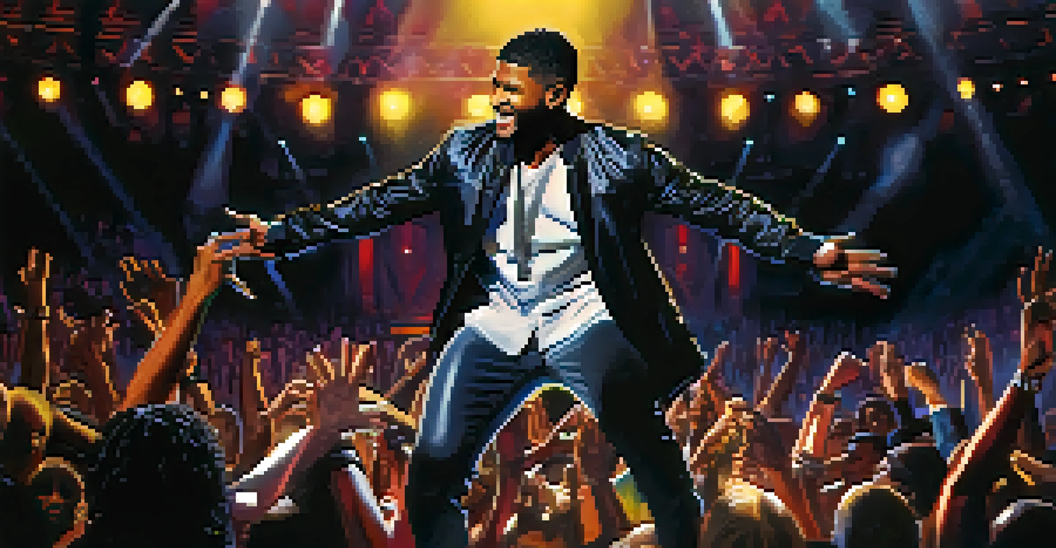 Usher performing energetically on stage with colorful lights and a captivated audience.