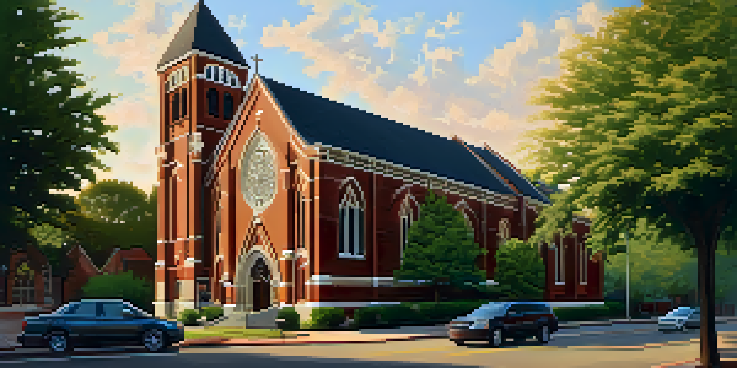 A view of the exterior of Ebenezer Baptist Church in Atlanta, highlighting its Gothic Revival architecture and stained glass windows during golden hour.