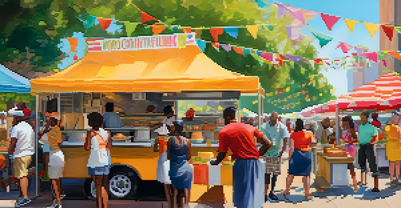A lively food festival in Atlanta featuring diverse food trucks and stalls, with chefs preparing international dishes and attendees enjoying the vibrant atmosphere.