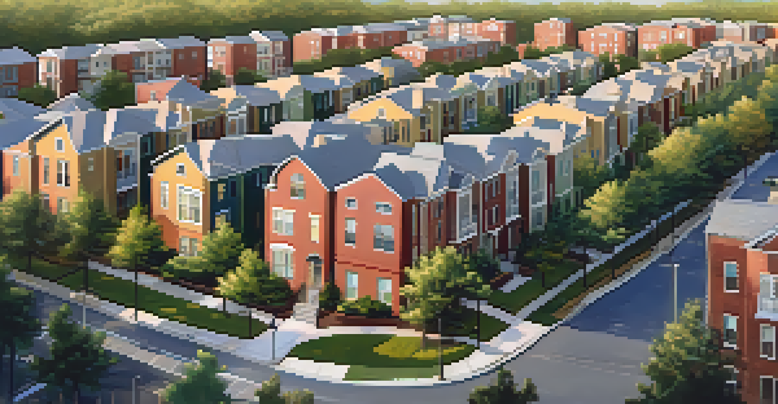 Aerial view of a revitalized neighborhood in Atlanta, showcasing affordable housing and green spaces.
