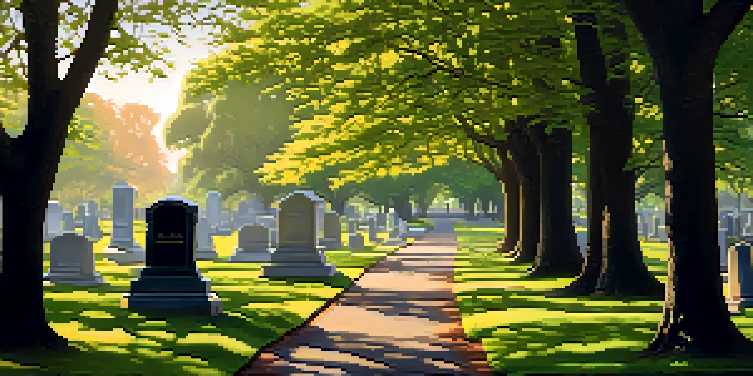 A peaceful cemetery scene with winding paths, greenery, and grave markers under warm sunlight.