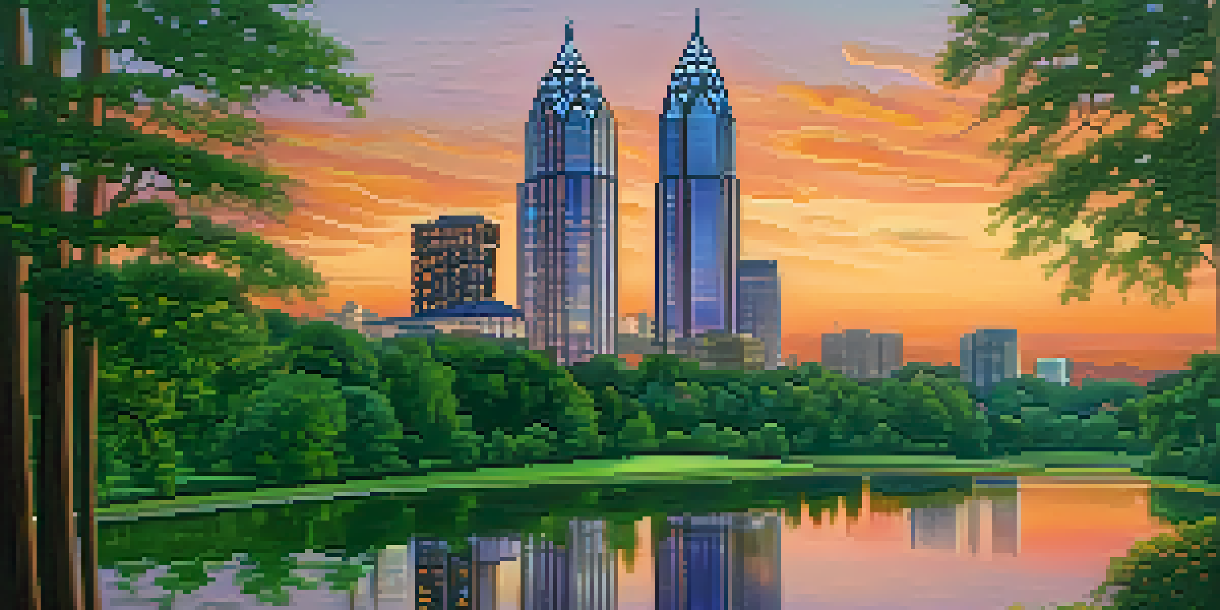 A view of the King and Queen Towers in Atlanta during sunset, with illuminated buildings and trees in the foreground.