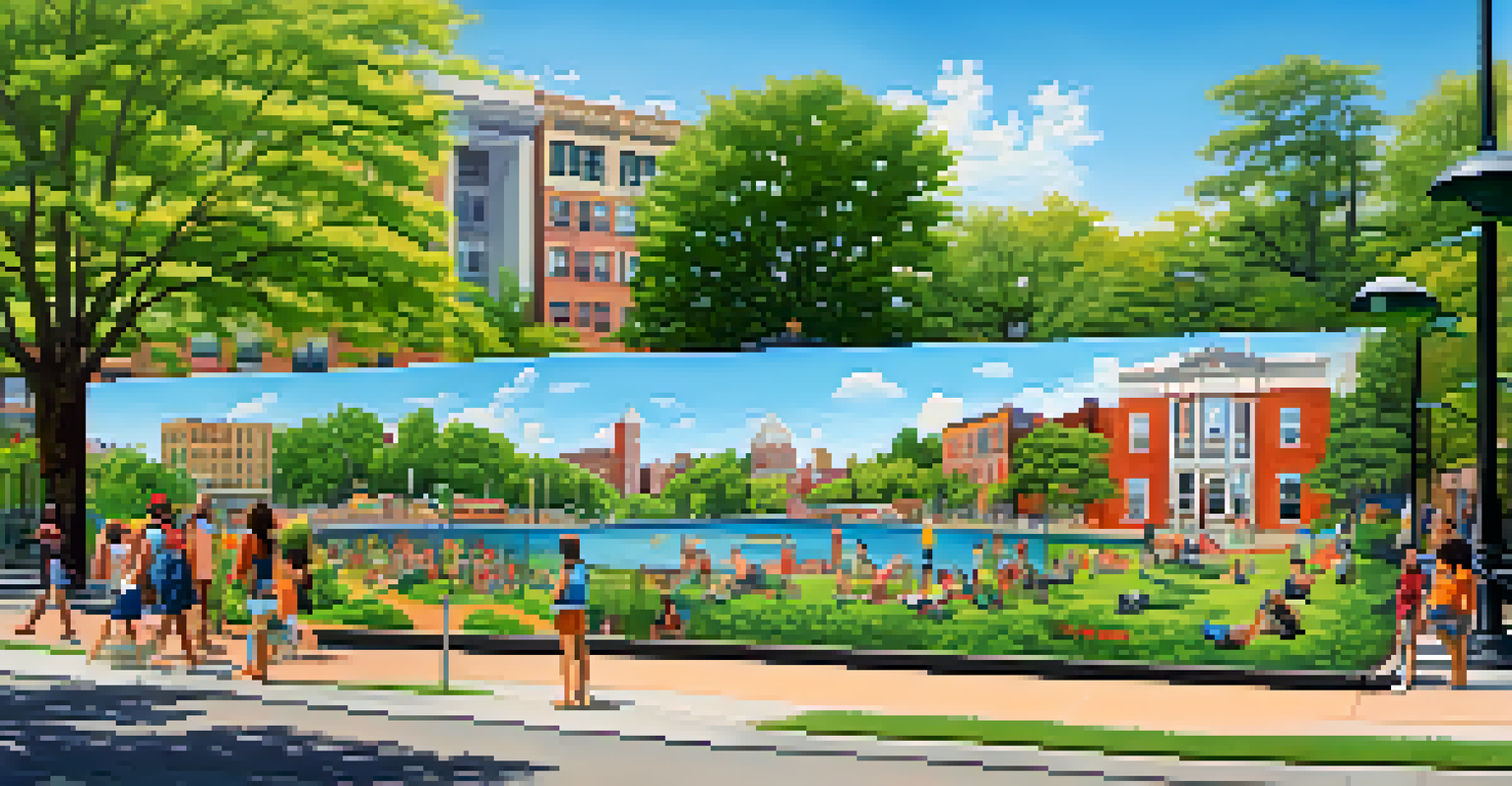 A panoramic view of Historic Fourth Ward Park with colorful murals and people enjoying a sunny day.