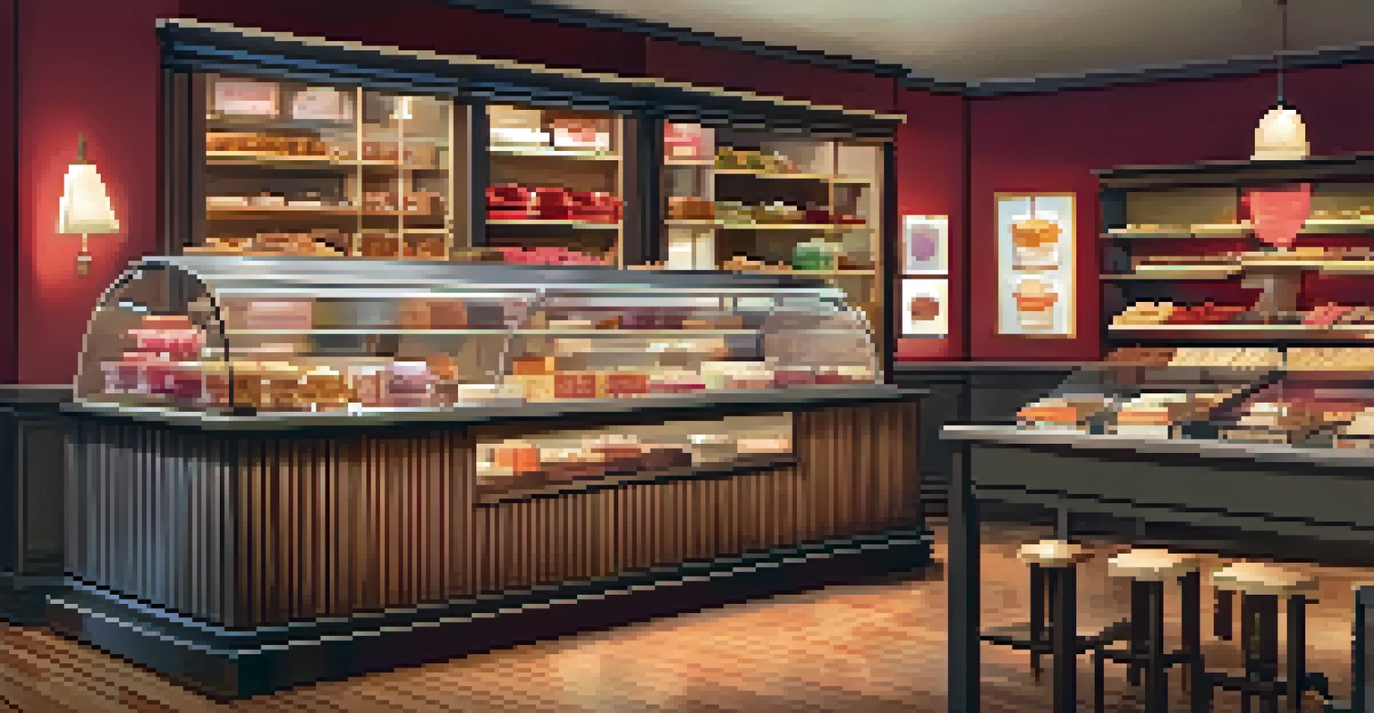 A charming dessert shop in Atlanta filled with various sweet treats like red velvet cake and ice cream.