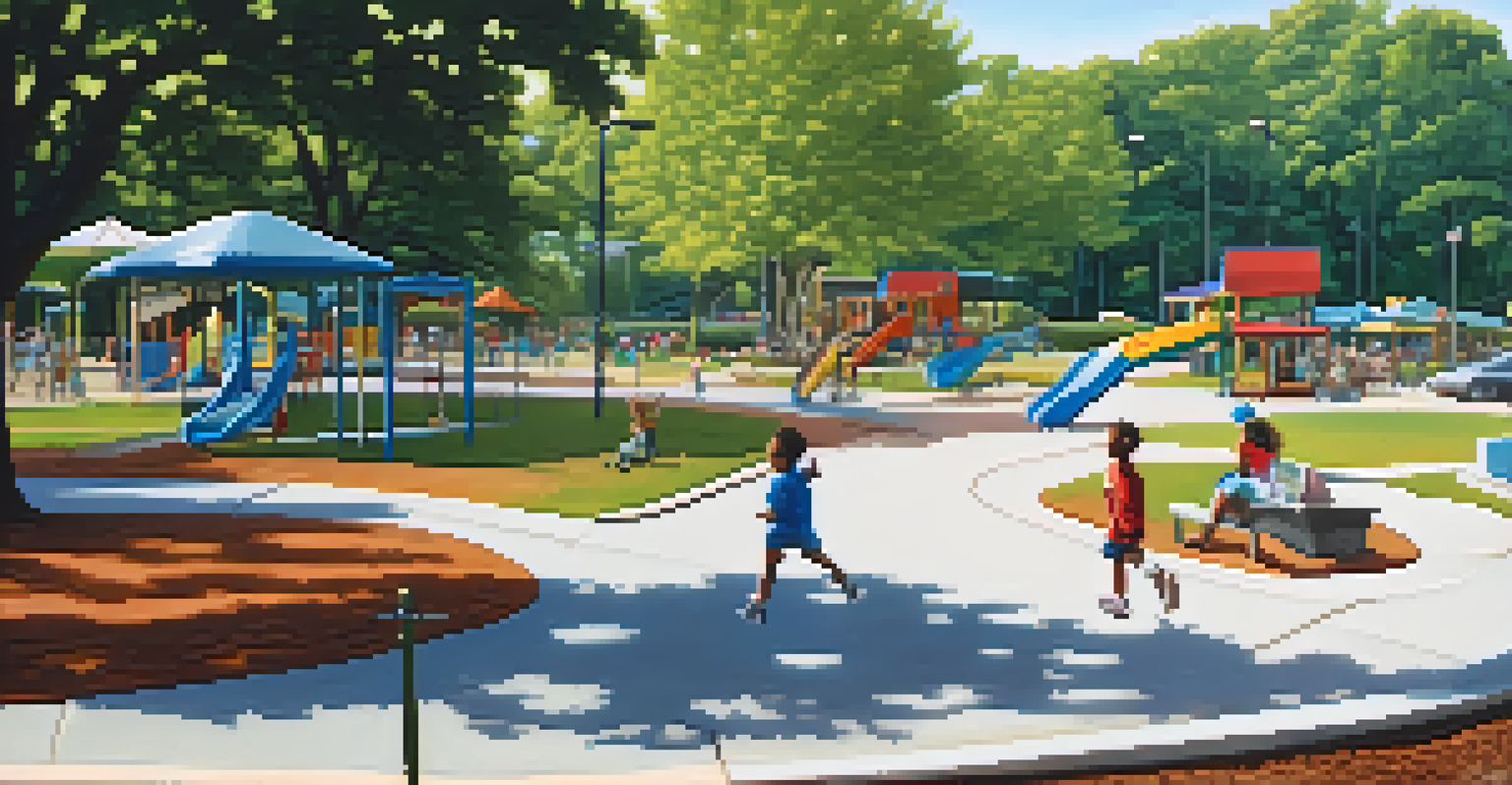 A community park in Atlanta with families enjoying recreational activities near a highway.
