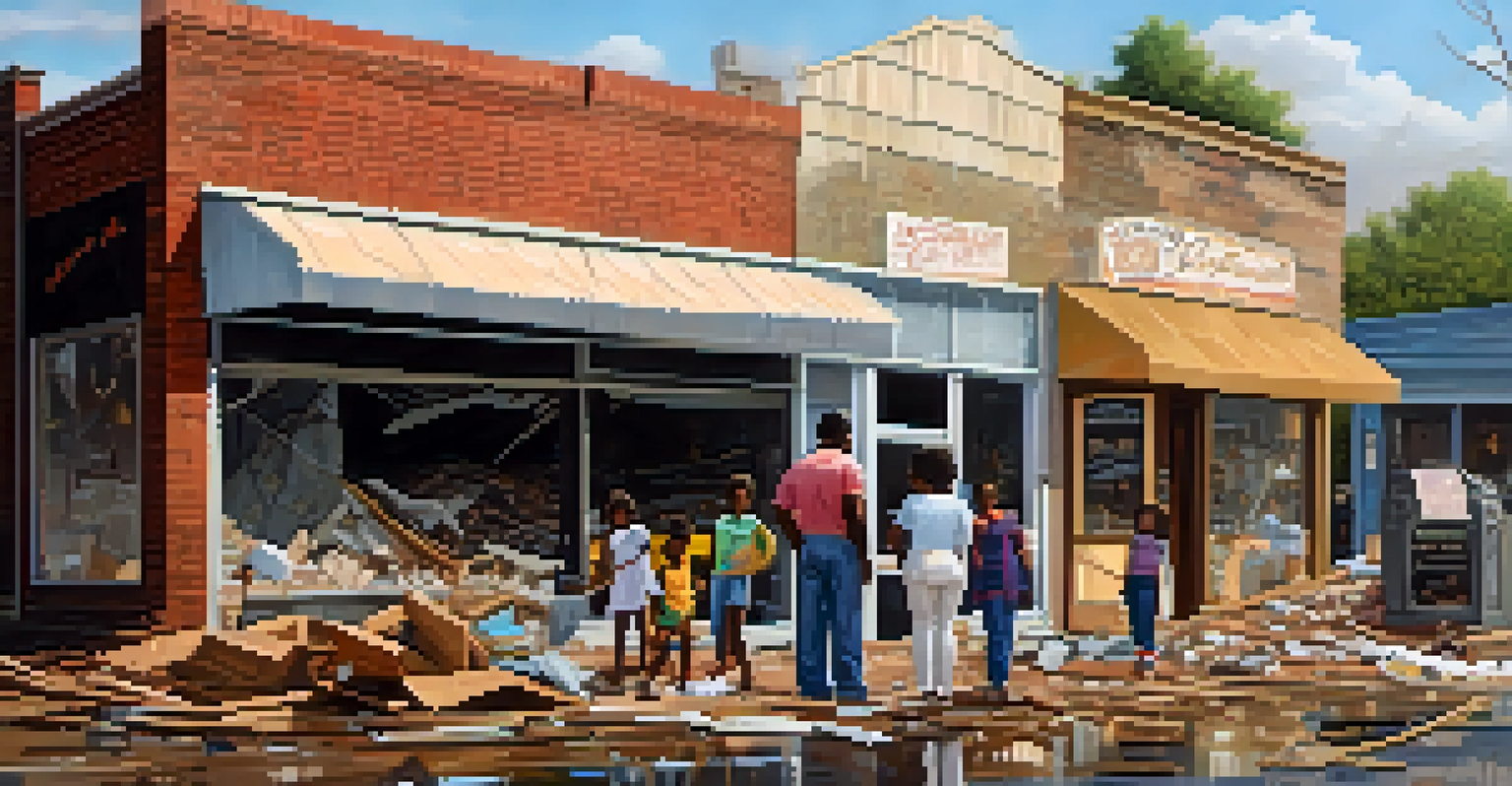 An African American family in front of their damaged business, expressing resilience amidst destruction.