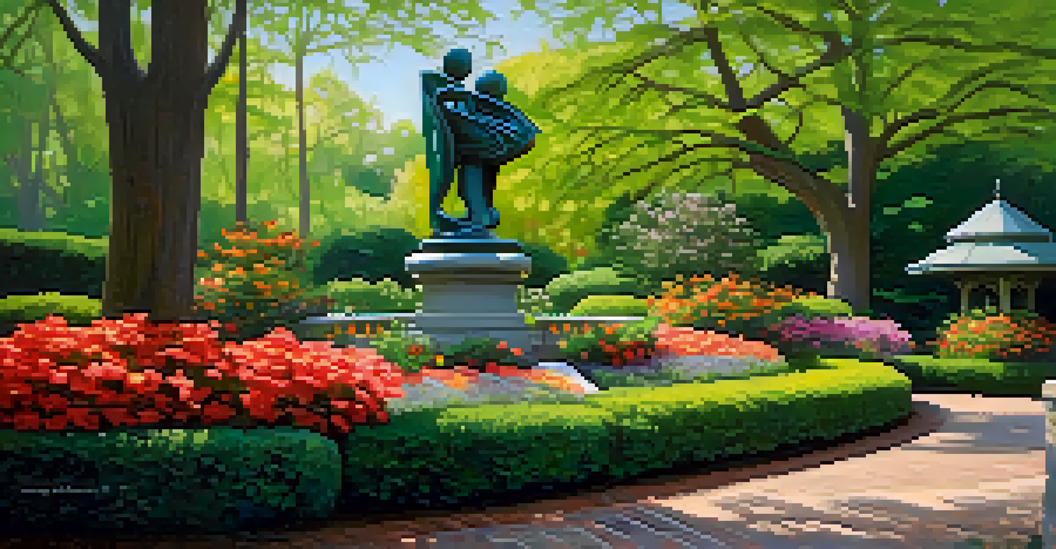 A beautiful garden with colorful flowers and a large sculpture, surrounded by green trees.