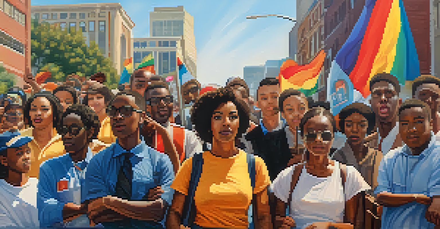 A group of young activists rallying for civil rights in Atlanta, holding colorful signs and banners with recognizable landmarks in the background.