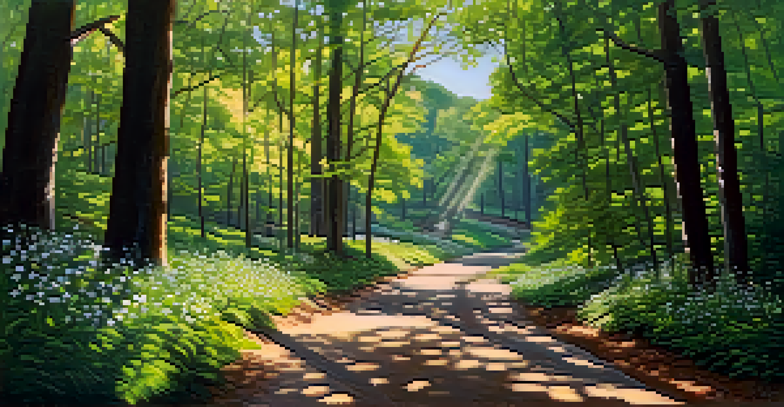 A peaceful hiking trail at Kennesaw Mountain National Battlefield Park, surrounded by trees and wildflowers, with sunlight filtering through the foliage.