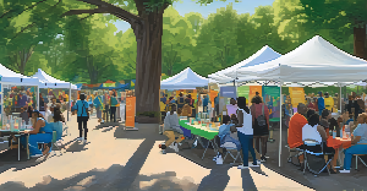 An inclusive community health fair in a park with LGBTQ+ support booths and diverse attendees interacting in a friendly atmosphere.