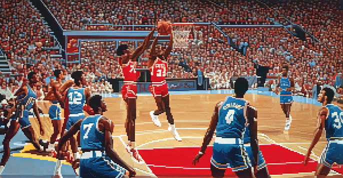 Dominique Wilkins soaring through the air for a dunk during a basketball game in the 1980s, with a cheering crowd in the background.