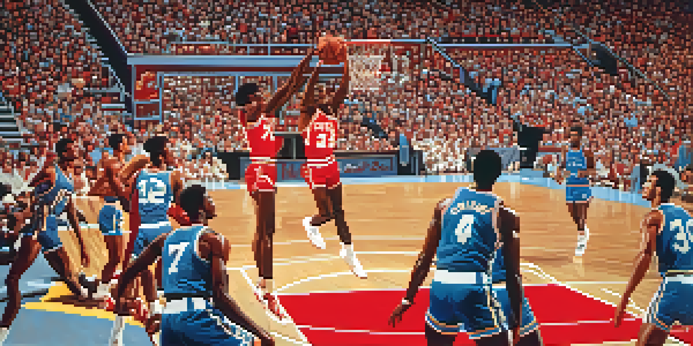 Dominique Wilkins soaring through the air for a dunk during a basketball game in the 1980s, with a cheering crowd in the background.